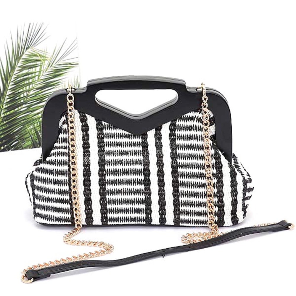 Black and White Wooden Frame Top Handle Straw Clutch Bag